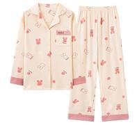 Himifashion Pigiama da donna carino stampato a maniche lunghe pigiama casual sottile loungewear adolescenti cotone pigiameria, Beige, M