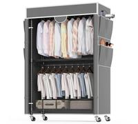 Himimi Appendiabiti con copertura per carichi pesanti su ruote e ripiani, regolabile in altezza, stabile, in metallo, con 2 aste appendiabiti e 4 tasche laterali, 90 x 45 x 205 cm, grigio