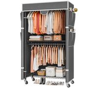 Himimi Appendiabiti su ruote, stabile, doppio appendiabiti con copertura e ripiano regolabile in altezza, armadio aperto in metallo, per camera da letto, 90 x 45 x 205 cm, grigio
