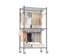 Himimi Doppio Appendiabiti con Ripiani Regolabili in Altezza, Appendiabiti con 2 Ganci, Carrello Appendiabiti con Ruote, 60 * 42 * 205cm, Grigio