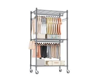 Himimi Doppio Appendiabiti con Ripiani Regolabili in Altezza, Appendiabiti con 2 Ganci, Carrello Appendiabiti con Ruote, 60 * 42 * 205cm, Grigio
