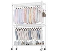 Himimi Doppio Appendiabiti con Ripiani Regolabili in Altezza, Appendiabiti Robusto con 2 Ganci, Appendiabiti con Ruote, Stand Appendiabiti 90 * 42 * 205cm, Bianco