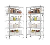 Himimi Mensola con ruote, 2 pezzi, in metallo su ruote, regolabile in altezza, con 5 ripiani e ganci, per cucina, dispensa, cantina, 35 x 76 x 158 cm, colore: argento