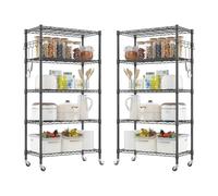 Himimi Mensola con ruote, 2 pezzi, in metallo su ruote, regolabile in altezza, con 5 ripiani e ganci, per cucina, dispensa, cantina, 35 x 76 x 158 cm, colore nero