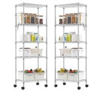 Himimi Scaffale con ruote, 2 pezzi, in metallo su ruote, cromato, regolabile in altezza, con 5 ripiani, per cucina, bagno, 35 x 59 x 183 cm, colore: argento