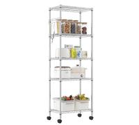 Himimi Scaffale con ruote, in metallo cromato su ruote, regolabile in altezza, con 5 ripiani, per cucina, bagno, 35 x 59 x 183 cm, colore: argento