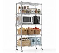 Himimi Scaffale con ruote, in metallo su ruote, regolabile in altezza, con 5 ripiani e ganci, per cucina, dispensa, cantina, 35 x 76 x 158 cm, argento