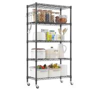 Himimi Scaffale con ruote, in metallo su ruote, regolabile in altezza, con 5 ripiani e ganci, per cucina, dispensa, cantina, 35 x 76 x 158 cm, nero