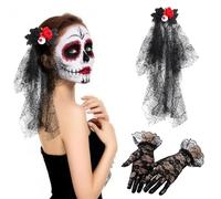 Himissy Velo della Morte Cerchietto di Halloween, Velo Halloween, Rose Cerchietto Include Guanti in Pizzo, Giorno dei Morti Fascia per Carnevale, Cosplay