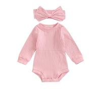 Himllauen 2 Pezzi Bambina Completo Autunno Tinta Unita Scollo Rotondo Manica Lunga a Coste Tuta + Fascia con Fiocco Set per Neonati e Bambine (Rosa B, 12-18 Months)