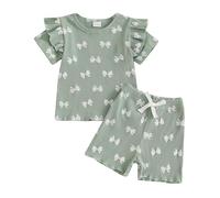 Himllauen 2 Pezzi Completi per Bambina Set di Vestiti Estivi Tinta unita/Stampa Maglietta a maniche corte + Pantaloncini a vita elastica Set per Neonata (A Verde, 12-18 Months)