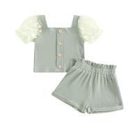 Himllauen 2 Pezzi Completo Estivo a Costine per Bambina Ragazza Shirt A Maniche Corte In Rete Con Stampa Margherita e Pantaloncini Elastici Set Per Festa di Compleanno (Verde, 12-18 Mesi)