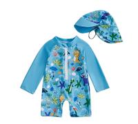 Himllauen 2 Pezzi Completo per Ragazzi Bambini Estate Costume da Bagno Set Albero/Squalo Stampa Manica Lunga Protezione UV UPF 50+ Tuta + Cappellino per Neonati (Blu B, 12-18 Months)