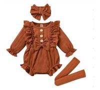 Himllauen 3 Pezzi Completo Neonata Pagliaccetto a Ruffle Manica Lunga Tinta Unita per Bambina Autunnale+calzini+fascia per Capelli (Giallastro, 80)