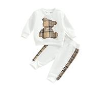 Himllauen Abbigliamento Bambini Orsetti Felpa Manica Lunga+ Pantaloni Vestiti Bimbo Set Due Pezzi Completo Neonati (Bianco, 12-18 mesi)