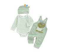 Himllauen Completi per Bambino Set Tutina a Maniche Lunghe a Righe con Salopette Ricamata e Cappellino 3 Pezzi Abiti Casual Carino Primavera per Neonato (Verde, 12-18 Months)