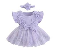 Himllauen Completo da 2 Pezzi per Bambina Abito con Pagliaccetto e Volant In Patchwork di Pizzo A Rete e Fascia per Capelli Abiti Neonata Estivi alla Moda Carini (Viola, 3-6 Months)