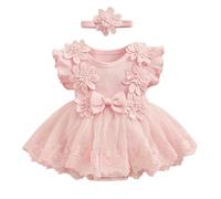 Himllauen Completo da 2 Pezzi per Bambina Abito con Pagliaccetto e Volant In Patchwork di Pizzo A Rete e Fascia per Capelli Abiti Neonata Estivi alla Moda Carini (Rosa, 0-3 Months)