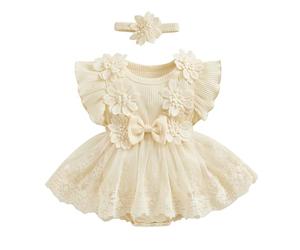 Himllauen Completo da 2 Pezzi per Bambina Abito con Pagliaccetto e Volant In Patchwork di Pizzo A Rete e Fascia per Capelli Abiti Neonata Estivi alla Moda Carini (Albicocca, 3-6 Months)