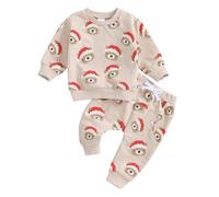 Himllauen Completo da 2 Pezzi Ragazzi Neonato Natale Outfits Lettera Albero di Natale/Luminoso Stampa Girocollo Felpe a Maniche Lunghe Tops+ Pantaloni Lunghi Autunno Vestiti (Beige, 12-18 Months)