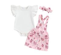 Himllauen Completo da 3 Pezzi per Bambina Abito Pagliaccetto con Maniche a Mosca Stampa Farfalla+gonna a Bretella+Fascia da Taschino per Estate (Rosa Scuro, 18-24 Months)