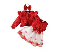 Himllauen Completo Set Abito per Neonata con Collo Rotondo in Rete con Stampa a Farfalle + Cappotto a Maniche Lunghe + Cerchietto Set di 3 Pezzi da Principessa (Rosso, 6-9 Months)