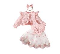 Himllauen Completo Set Abito per Neonata con Collo Rotondo in Rete con Stampa a Farfalle + Cappotto a Maniche Lunghe + Cerchietto Set di 3 Pezzi da Principessa (Rosa, 9-12 Months)