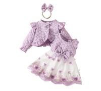 Himllauen Completo Set Abito per Neonata con Collo Rotondo in Rete con Stampa a Farfalle + Cappotto a Maniche Lunghe + Cerchietto Set di 3 Pezzi da Principessa (Lavanda, 6-9 Months)