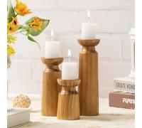 Himmel Rusitc - Set di 3 portacandele in legno per candele a colonna, decorazione da tavolo, 20,1 cm, 15 cm, 9,9 cm, stile vintage, colore: marrone