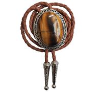 Himongoo Cravatta in pelle marrone con gemma naturale, per uomo e donna, stile occidentale, Pietra occhio di tigre, M