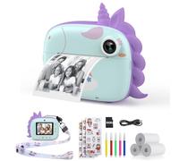 HiMont Fotocamera istantanea per bambini, fotocamera digitale con carta da stampa e scheda TF da 32 G, penne colorate e clip per foto fai da te, regalo per bambini dai 3 ai 14 anni (verde)