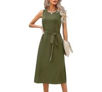 HINAYOSAN Abito da donna casual senza maniche girocollo lungo abito a canotta tinta unita cravatta in vita spacco laterale A-Line abiti con tasche abito con cintura con tasche, Verde militare, L