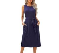 HINAYOSAN Abito da donna casual senza maniche girocollo lungo abito a canotta tinta unita cravatta in vita spacco laterale A-Line abiti con tasche abito con cintura con tasche, blu navy, L