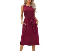 HINAYOSAN Abito da donna casual senza maniche girocollo lungo abito a canotta tinta unita cravatta in vita spacco laterale A-Line abiti con tasche abito con cintura con tasche, D, L