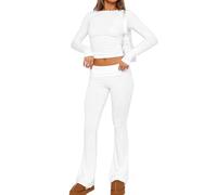 HINAYOSAN Donne 2 Pezzi Tinta Unita Girocollo Manica Lunga Crop Top E Pantaloni A Vita Bassa Aderente Aderente Outfit Lounge Set Fit T-shirt E Pantaloni Set, bianco, L
