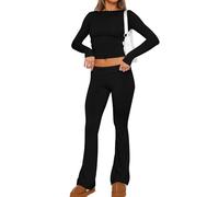 HINAYOSAN Donne 2 Pezzi Tinta Unita Girocollo Manica Lunga Crop Top E Pantaloni A Vita Bassa Aderente Aderente Outfit Lounge Set Fit T-shirt E Pantaloni Set, Nero , L