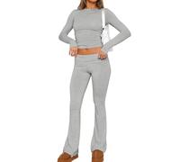 HINAYOSAN Donne 2 Pezzi Tinta Unita Girocollo Manica Lunga Crop Top E Pantaloni A Vita Bassa Aderente Aderente Outfit Lounge Set Fit T-shirt E Pantaloni Set, Grigio chiaro, L