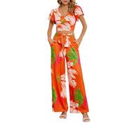 HINAYOSAN Set di 2 abiti da donna con stampa a foglie, top corto a maniche corte con volant e cintura a vita alta gamba larga pantaloni lunghi a maniche corte per le donne, G, L