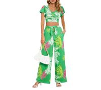 HINAYOSAN Set di 2 abiti da donna con stampa a foglie, top corto a maniche corte con volant e cintura a vita alta gamba larga pantaloni lunghi a maniche corte per le donne, Verde, L
