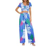 HINAYOSAN Set di 2 abiti da donna con stampa a foglie, top corto a maniche corte con volant e cintura a vita alta gamba larga pantaloni lunghi a maniche corte per le donne, Blu, L