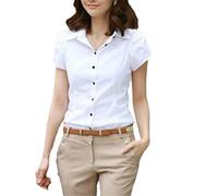 Hinewsa Camicetta da donna a maniche corte professionale elegante camicie da ufficio in cotone estivo camicia bianca da lavoro slim top, bianco, S