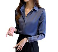 Hinewsa Camicette in Seta da Donna, Camicia Bianca da Donna a Maniche Lunghe, Camicetta in Raso di Seta, Top da Ufficio, Camicetta da Donna Elegante, Top Basic, Camicetta Taglia Grande, Blu, XL
