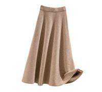Hinewsa Gonna lunga autunnale e invernale in misto lana con gonna lunga a maglia spessa calda svasata gonne lunghe, cachi, Taglia unica