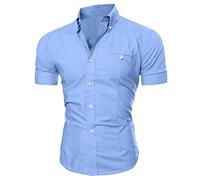 Hinewsa Uomo Camicie Top Estate Social Chemise Uomo Manica Corta Camicia Tinta Unita Business Slim Fitness Camicie, Blu, M