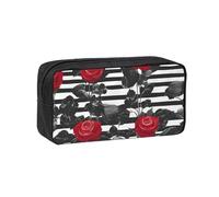 Hingor Astuccio per matite con stampa di fiori rossi a righe bianche e nere e rosse, grande capacità, astuccio portapenne per la scuola