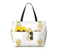 Hingor Borsa da spiaggia con stampa bandiera venezuelana, borsa da spiaggia impermeabile per donne, borsa da piscina pieghevole leggera con scomparto bagnato con cerniera, Sfondo D'ananas Oro, Taglia