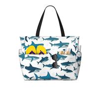 Hingor Borsa da spiaggia con stampa bohémien a strisce triangolari alla moda borsa da spiaggia impermeabile borse da donna leggera pieghevole con cerniera scomparto bagnato, Motivo a squalo con vari