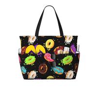 Hingor Borsa da spiaggia con stampa di caramelle dolci alla moda borsa da spiaggia impermeabile borse per le donne, borsa da piscina pieghevole leggera con scomparto umido con cerniera, Ciambella