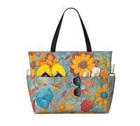 Hingor Borsa da spiaggia con stampa di fiori dorati, alla moda, impermeabile, da donna, leggera, pieghevole, con scomparto bagnato con cerniera, Colore brillante., Taglia unica