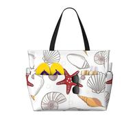 Hingor Borsa da spiaggia con stampa di girasole e mais, borsa da spiaggia impermeabile per donne, borsa da piscina pieghevole leggera con scomparto bagnato con cerniera, Stelle marine di conchiglia
